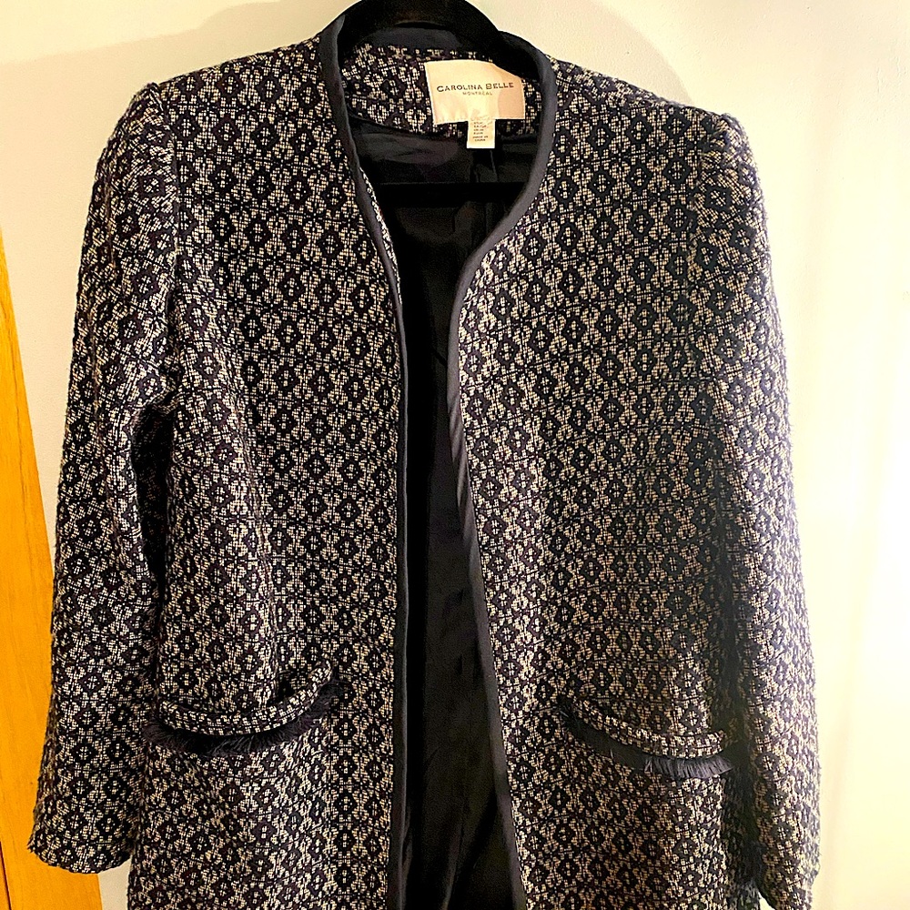 Carolina Belle Montreal Size M Blue White Printed Tweed Duster Open Coat Jacket